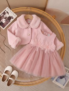 SHEIN 女嬰可愛粉色3D花朵網紗洋裝與外套2件套 - 粉色 - 查看 1