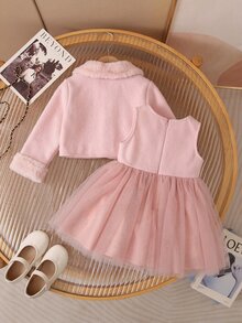 SHEIN 女嬰可愛粉色3D花朵網紗洋裝與外套2件套 - 粉色 - 查看 2