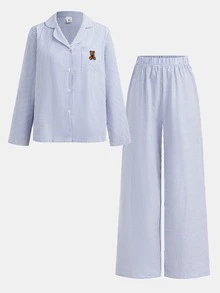 Girlism 青少年女孩秋冬款藍白條紋梭織簡約法式風泰迪熊貼布裝飾翻領拼接長袖長褲舒適休閒梭織睡衣套裝 2件組 - 藍白色 - 查看 7