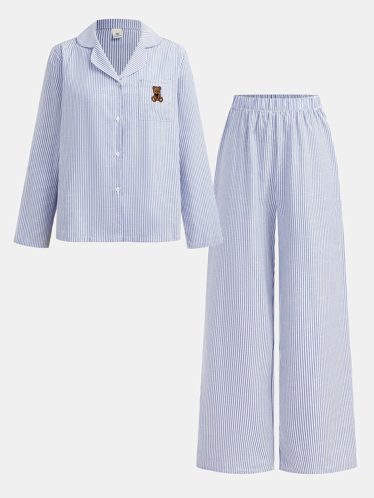 Girlism Piyama Anak Perempuan Remaja Musim Gugur/Dingin, Motif Garis Biru & Putih, Tenun Minimalis Gaya Prancis, Dekorasi Patch Beruang Teddy, Patch Kerah, Lengan Panjang, Celana Panjang, Set Pakaian Tidur Tenun Kasual Nyaman 2 Potong - Blue and White - View 7