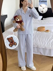 Girlism 青少年女孩秋冬款藍白條紋梭織簡約法式風泰迪熊貼布裝飾翻領拼接長袖長褲舒適休閒梭織睡衣套裝 2件組 - 藍白色 - 查看 3