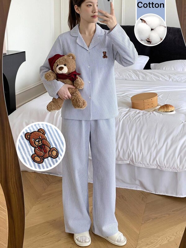 Girlism Teen Girl Teen Girls Pajamas Autumn/Winter Blue & White Striped Woven Minimalist French Style Teddy Bear Patch Decor Lapel Patch-Up Long Sleeve Long Pants Comfortable Casual Woven Sleepwear Set 2pcs