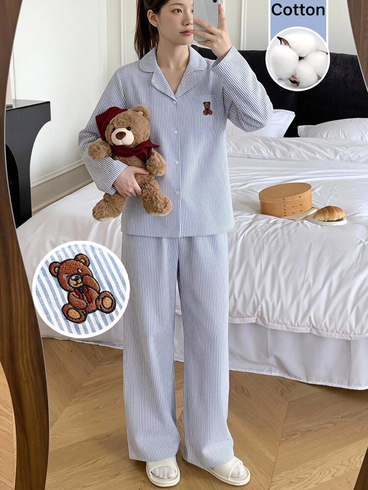 Girlism Piyama Anak Perempuan Remaja Musim Gugur/Dingin, Motif Garis Biru & Putih, Tenun Minimalis Gaya Prancis, Dekorasi Patch Beruang Teddy, Patch Kerah, Lengan Panjang, Celana Panjang, Set Pakaian Tidur Tenun Kasual Nyaman 2 Potong - Blue and White - View 3