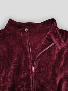 Resyla Men Vintage Burgundy Chenille Short Plush Jacket With Textured Metal Buckle Cuffs, Stand Collar, Zipper, Dropped Shoulder, Loose Fit, Short Length For Men - Burgundy - View 5