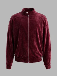 Resyla Men Vintage Burgundy Chenille Short Plush Jacket With Textured Metal Buckle Cuffs, Stand Collar, Zipper, Dropped Shoulder, Loose Fit, Short Length For Men - Burgundy - View 3