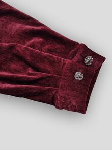 Resyla Men Vintage Burgundy Chenille Short Plush Jacket With Textured Metal Buckle Cuffs, Stand Collar, Zipper, Dropped Shoulder, Loose Fit, Short Length For Men - Burgundy - View 4