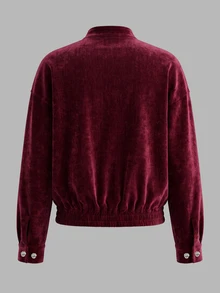 Resyla Men Vintage Burgundy Chenille Short Plush Jacket With Textured Metal Buckle Cuffs, Stand Collar, Zipper, Dropped Shoulder, Loose Fit, Short Length For Men - Burgundy - View 2