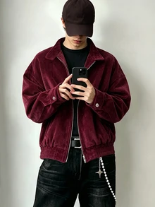 Resyla Men Vintage Burgundy Chenille Short Plush Jacket With Textured Metal Buckle Cuffs, Stand Collar, Zipper, Dropped Shoulder, Loose Fit, Short Length For Men - Burgundy - View 1