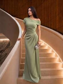 Firerie Elegant Luxurious Satin Ruched Off Shoulder Mermaid Dress, Suitable For Weddings, Parties, Vacations, Galas, Bridesmaid Dresses - Army Green - View 1
