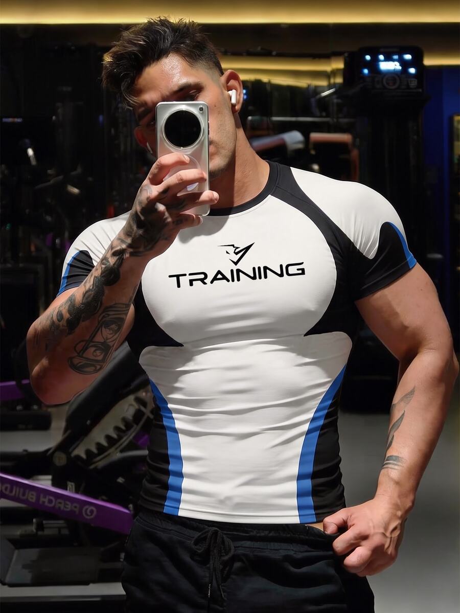 GymBeat 男士字母印花對比色圓領修身運動T恤,健身房適用 - 彩色 - 查看 1