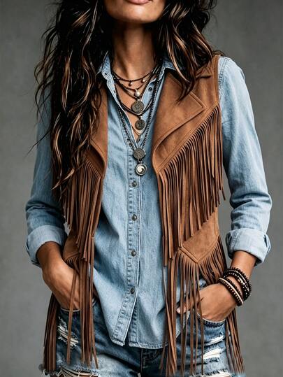 LanaWest Jaket Tanpa Lengan Wanita Gaya Koboi Barat Vintage Musim Semi/Panas, Bahan Suede Imitasi Cokelat, Kerah, Patchwork di Dada dan Bagian Bawah, Rumbai, Bagian Depan Terbuka, Dekorasi Kancing Kayu, Jaket untuk Melapisi Pakaian di Festival Musik Country