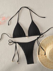 Swim Basics Summer Beach Faux Pearl Decor Halter Triangle Bikini Set - Black - View 6