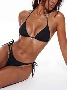Swim Basics Summer Beach Faux Pearl Decor Halter Triangle Bikini Set - Black - View 7