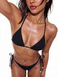 Swim Basics Summer Beach Faux Pearl Decor Halter Triangle Bikini Set - Black - View 8