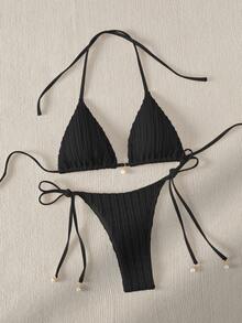 Swim Basics Summer Beach Faux Pearl Decor Halter Triangle Bikini Set - Black - View 3
