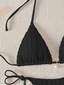 Swim Basics Summer Beach Faux Pearl Decor Halter Triangle Bikini Set - Black - View 5