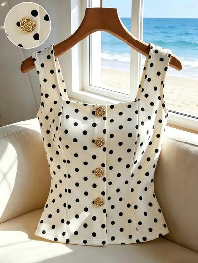 SHEIN Franclia صديرية نسائية بتصميم بسيط للتنقل بياقة مربعة وأزرار معدنية زخرفية كاملة، قصة ضيقة، طباعة نقاط بولكا، أسلوب بريبي، متعددة الاستخدامات للاستخدام اليومي والعطلات، أنيقة وكاجوال