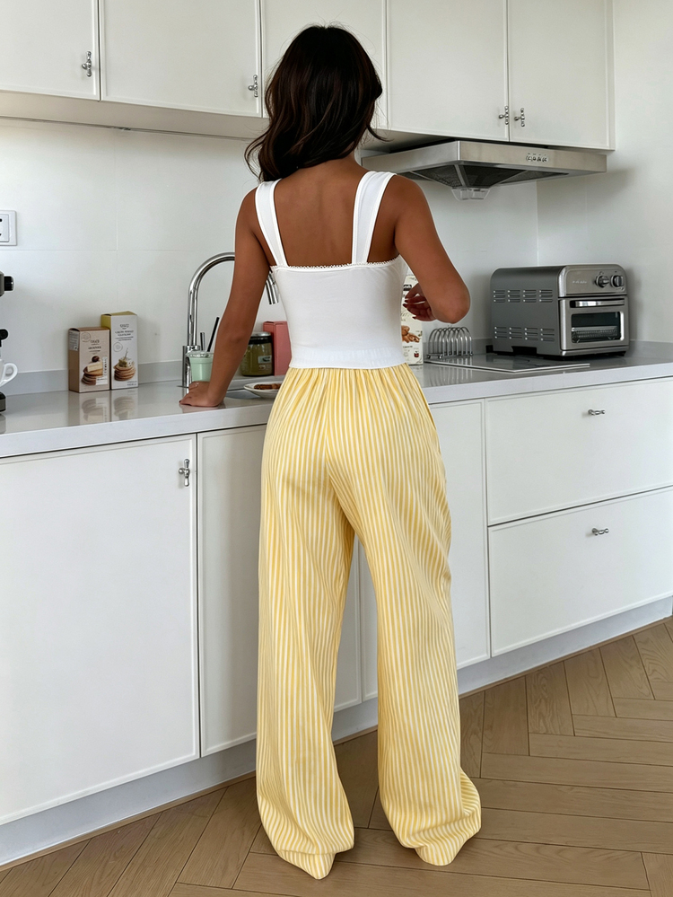 ZzzCrew Women's Casual Comfortable Solid Color Lace Trim Tank Top & Woven Striped Long Pants Pajama 2 Pieces Set - Multicolor - View 2