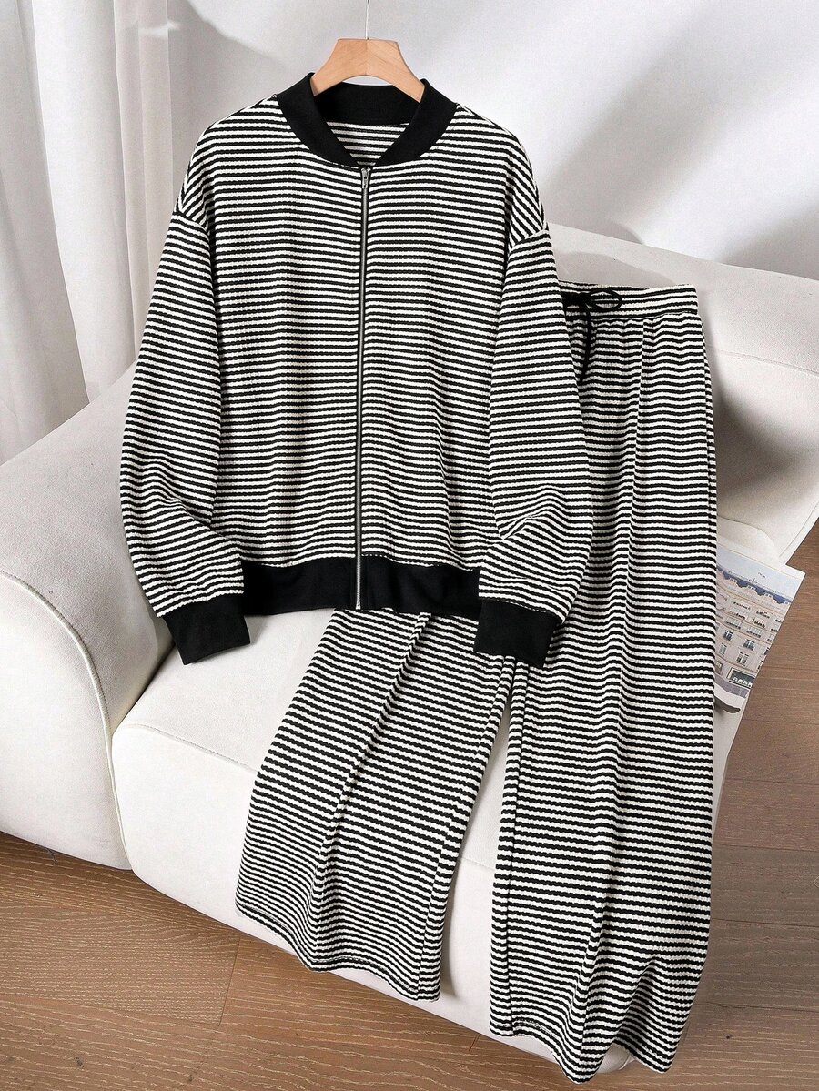 CosyJoli Plus Size Women's Black And White Colorblock Zipper Long Sleeve Top And Pants Baggy 90s Daily Set Office Vacation Going Out 2 Pieces Set Fall/Winter