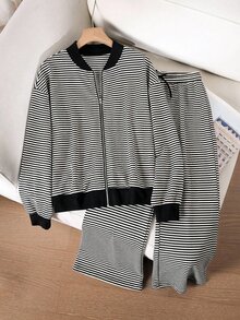CosyJoli 大尺碼女款條紋拼色拉鍊長袖上衣與長褲休閒日常套裝，休閒辦公商務工作 2 件套，適合秋冬 - 黑色 - 查看 6