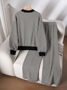 CosyJoli 大尺碼女款條紋拼色拉鍊長袖上衣與長褲休閒日常套裝，休閒辦公商務工作 2 件套，適合秋冬 - 黑色 - 查看 3
