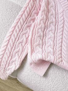 SHEIN Tween Girls Kids Casual Elegant Knitted Cream Dopamine Light Pink Jacquard Round Neck Long Sleeve Pullover Sweater, Y2K Youth Fashion Outfit, Suitable For Back To School, Daily Wear - Pink - View 7