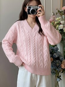 SHEIN Tween Girls Kids Casual Elegant Knitted Cream Dopamine Light Pink Jacquard Round Neck Long Sleeve Pullover Sweater, Y2K Youth Fashion Outfit, Suitable For Back To School, Daily Wear - Pink - View 4