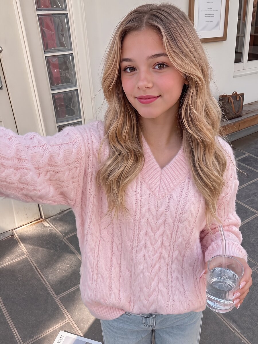 SHEIN Tween Girls Kids Casual Elegant Knitted Cream Dopamine Light Pink Jacquard Round Neck Long Sleeve Pullover Sweater, Y2K Youth Fashion Outfit, Suitable For Back To School, Daily Wear - Pink - View 1