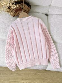 SHEIN Tween Girls Kids Casual Elegant Knitted Cream Dopamine Light Pink Jacquard Round Neck Long Sleeve Pullover Sweater, Y2K Youth Fashion Outfit, Suitable For Back To School, Daily Wear - Pink - View 5