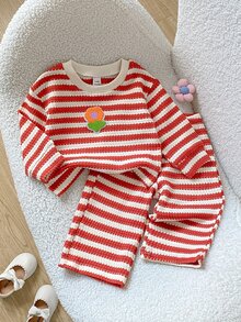 SHEIN Playful Pals 2件組女嬰休閒百搭時尚長袖上衣與長褲套裝，適合春、秋、冬日常穿著 - 彩色 - 查看 1