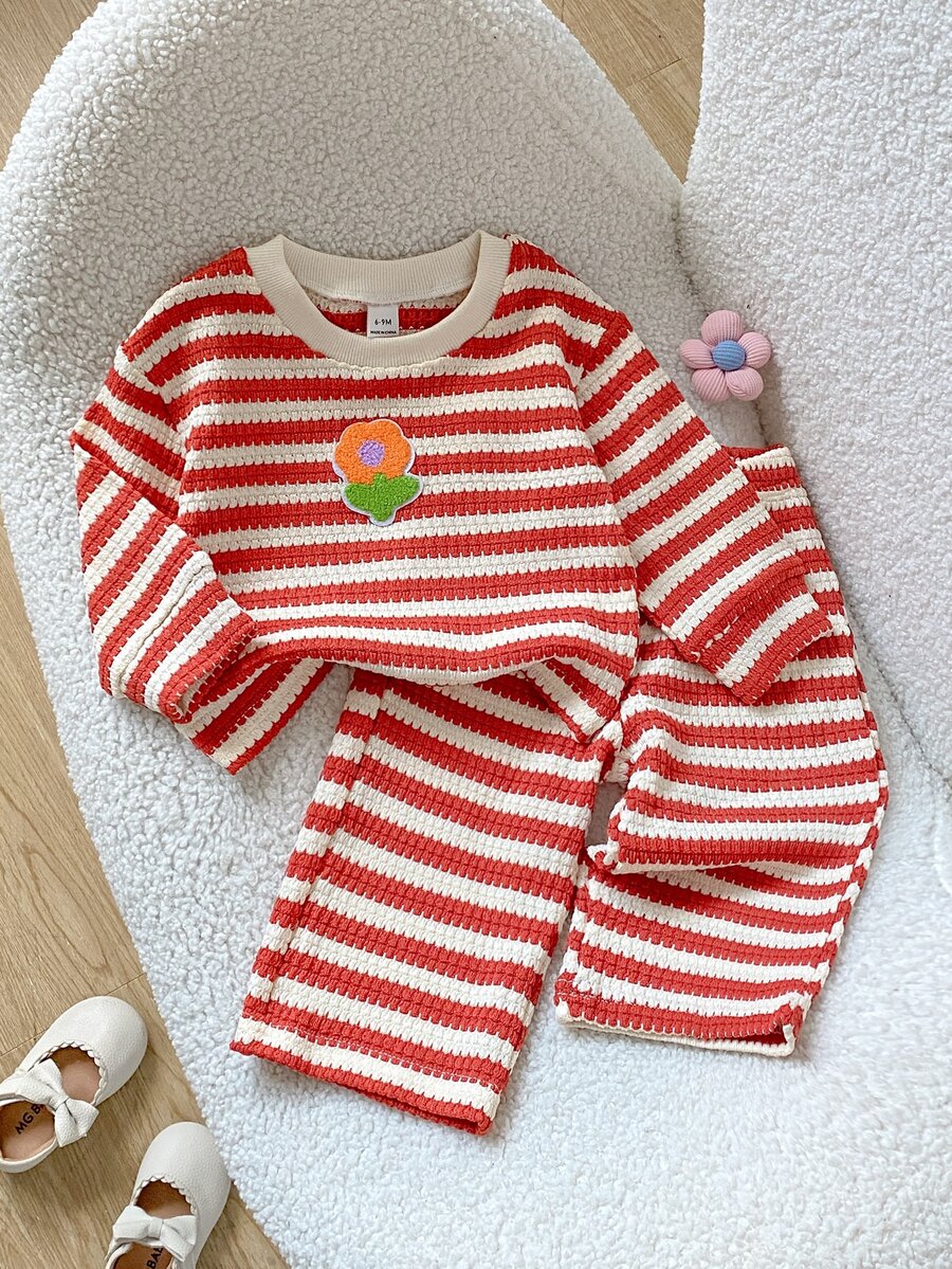 SHEIN Playful Pals 2件組女嬰休閒百搭時尚長袖上衣與長褲套裝,適合春、秋、冬日常穿著 - 彩色 - 查看 1