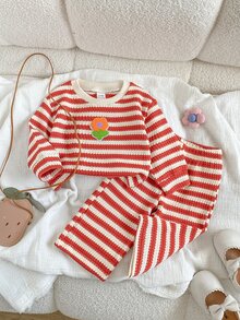 SHEIN Playful Pals 2件組女嬰休閒百搭時尚長袖上衣與長褲套裝，適合春、秋、冬日常穿著 - 彩色 - 查看 6
