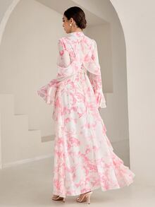 Graceveil Stand Collar White Floral Ink Print Double Layer Ruffle Sleeve Cinched Waist V-Neck Ruffle Hem Flared Chiffon Dress Wedding Date Night Autumn Elegant - Pink - View 3