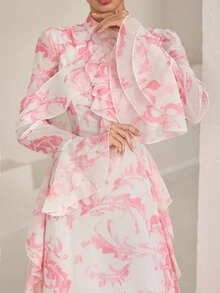 Graceveil Stand Collar White Floral Ink Print Double Layer Ruffle Sleeve Cinched Waist V-Neck Ruffle Hem Flared Chiffon Dress Wedding Date Night Autumn Elegant - Pink - View 4