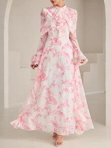 Graceveil Stand Collar White Floral Ink Print Double Layer Ruffle Sleeve Cinched Waist V-Neck Ruffle Hem Flared Chiffon Dress Wedding Date Night Autumn Elegant - Pink - View 7