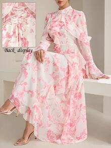 Graceveil Stand Collar White Floral Ink Print Double Layer Ruffle Sleeve Cinched Waist V-Neck Ruffle Hem Flared Chiffon Dress Wedding Date Night Autumn Elegant - Pink - View 2