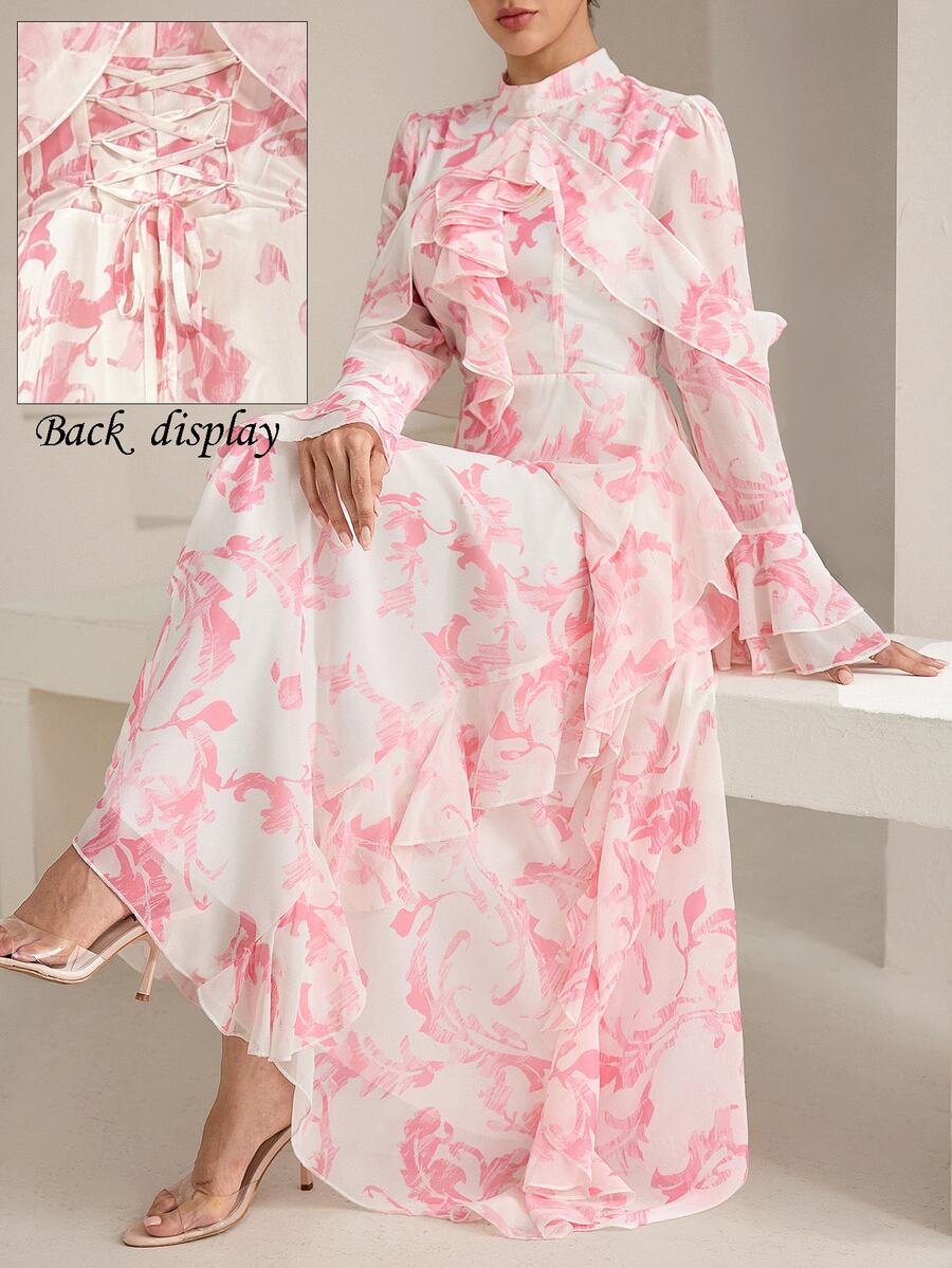 Graceveil Stand Collar White Floral Ink Print Double Layer Ruffle Sleeve Cinched Waist V-Neck Ruffle Hem Flared Chiffon Dress Wedding Date Night Autumn Elegant