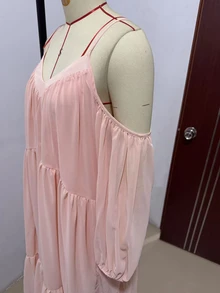 SHEIN Gaun Maxi Chiffon Lengan Panjang Model Lentera Warna Pink Gaya Prancis yang Elegan dan Menawan - Baby Pink - View 7