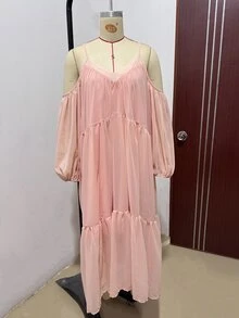 SHEIN Gaun Maxi Chiffon Lengan Panjang Model Lentera Warna Pink Gaya Prancis yang Elegan dan Menawan - Baby Pink - View 8