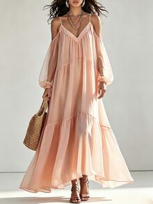 SHEIN Gaun Maxi Chiffon Lengan Panjang Model Lentera Warna Pink Gaya Prancis yang Elegan dan Menawan - Baby Pink - View 1