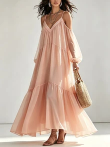 SHEIN Gaun Maxi Chiffon Lengan Panjang Model Lentera Warna Pink Gaya Prancis yang Elegan dan Menawan - Baby Pink - View 5