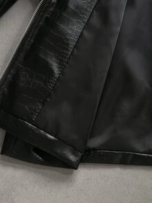 PAVTROS 男士黑色 PU 鱷魚紋皮夾克，機車風，領口拉鍊開合，標準長度，長袖，前衛設計 - 黑色 - 查看 7