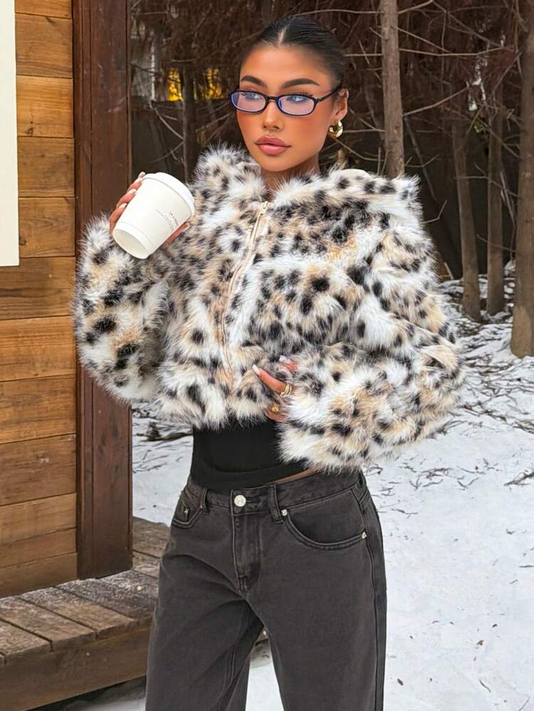 Muchica Women's Leopard Print Faux Fur Coat, Zipper Hooded Fur, Fashionable And Sexy, Autumn/Winter Fashion Item, Fleece Lined Thick Fur Suitable For Autumn/Winter Skiing, Deep Winter, Halloween, Party, Christmas, New Year, Thanksgiving, Party, Wedding, Graduation Ceremony, Elegant Occasions, Outing, Dating, Commuting, Cold Protection, Skiing - Multicolor - View 3
