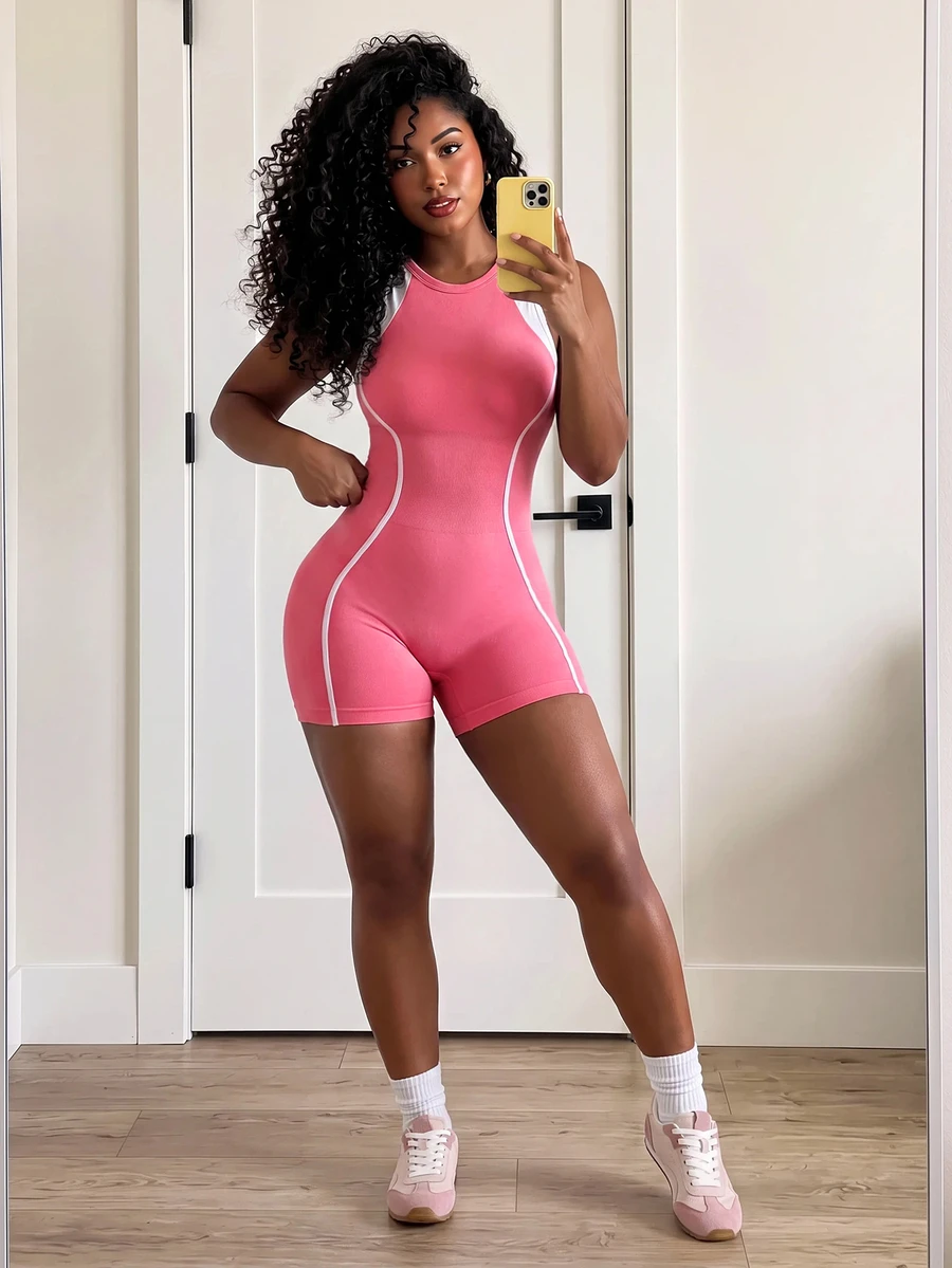 Core Rhythm Pink And White Striped Contrast Line Halter Neck Romper, Backless Yoga Workout Shorts, Casual Sporty Athletic, Yoga Gym Summer - Watermelon Pink - View 1