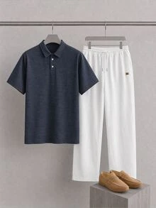 Mainfolk 男士純色短袖 Polo 衫與抽繩腰長褲休閒套裝 度假風 海軍藍白色 夏季 - 黑與白 - 查看 1