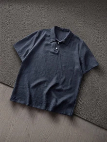 Mainfolk 男士純色短袖 Polo 衫與抽繩腰長褲休閒套裝 度假風 海軍藍白色 夏季 - 黑與白 - 查看 11