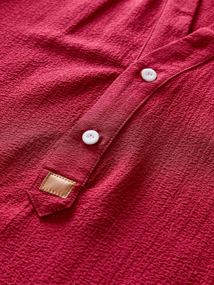 Mainfolk Loose Men Solid Half Button Shirt Beach Dark Red Summer Casual Modest - Burgundy - View 5
