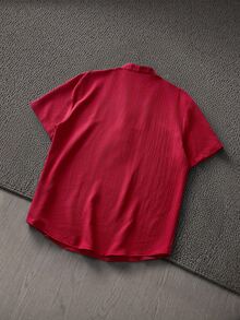 Mainfolk 男士寬鬆純色半鈕扣襯衫 海灘深紅色夏季休閒端莊款 - 酒紅色 - 查看 4