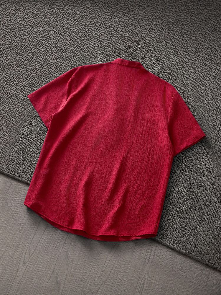 Mainfolk Loose Men Solid Half Button Shirt Beach Dark Red Summer Casual Modest - Burgundy - View 3