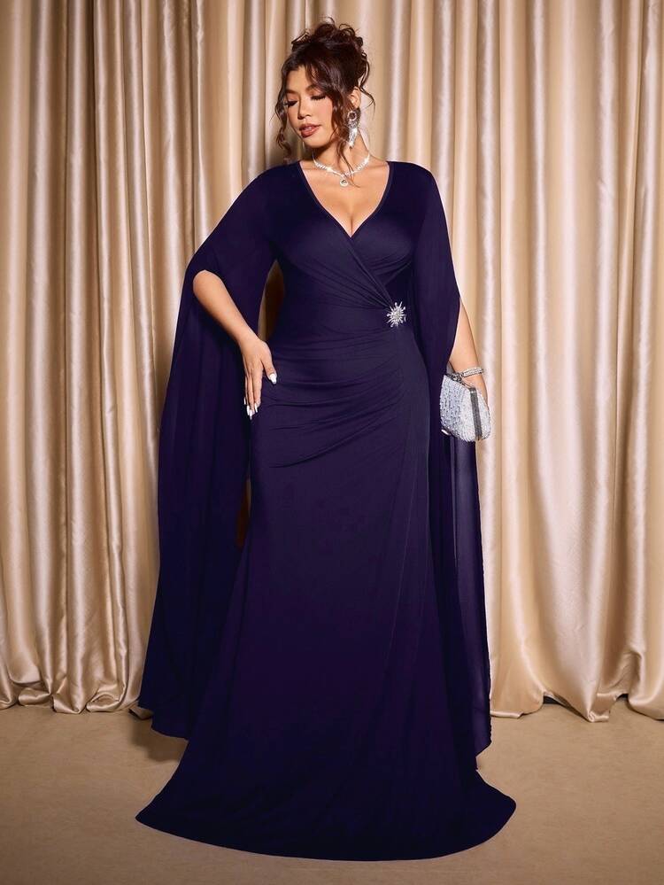 Cravure Plus Size Women Dark Purple Winter Elegant Formal Wedding Maxi Dress,V-Neck Pleated Stretchy Chiffon Patchwork Long Sleeve,Waist Snowflake Decor Belt - Purple - View 6